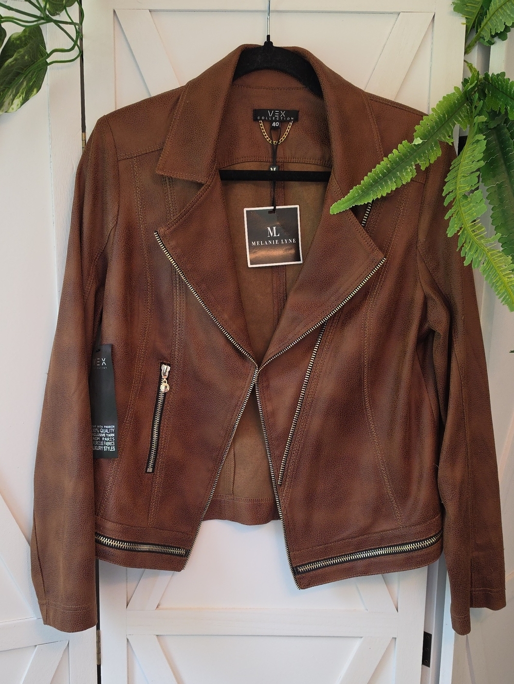 New Melanie Lyne Women's Brown Leather Faux Zip-Front Jacket